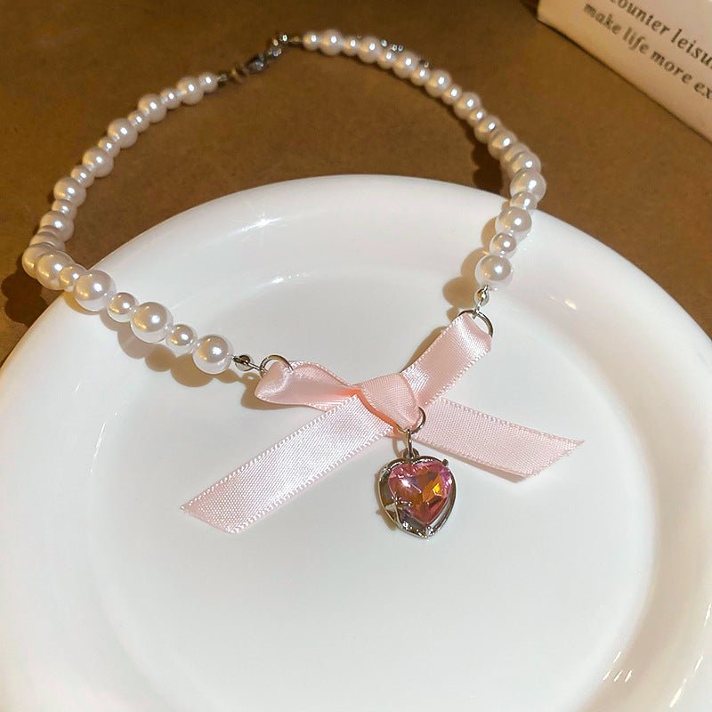 Collar veraniego para niñas con cuentas de perla, lazo y colgante en forma de corazón