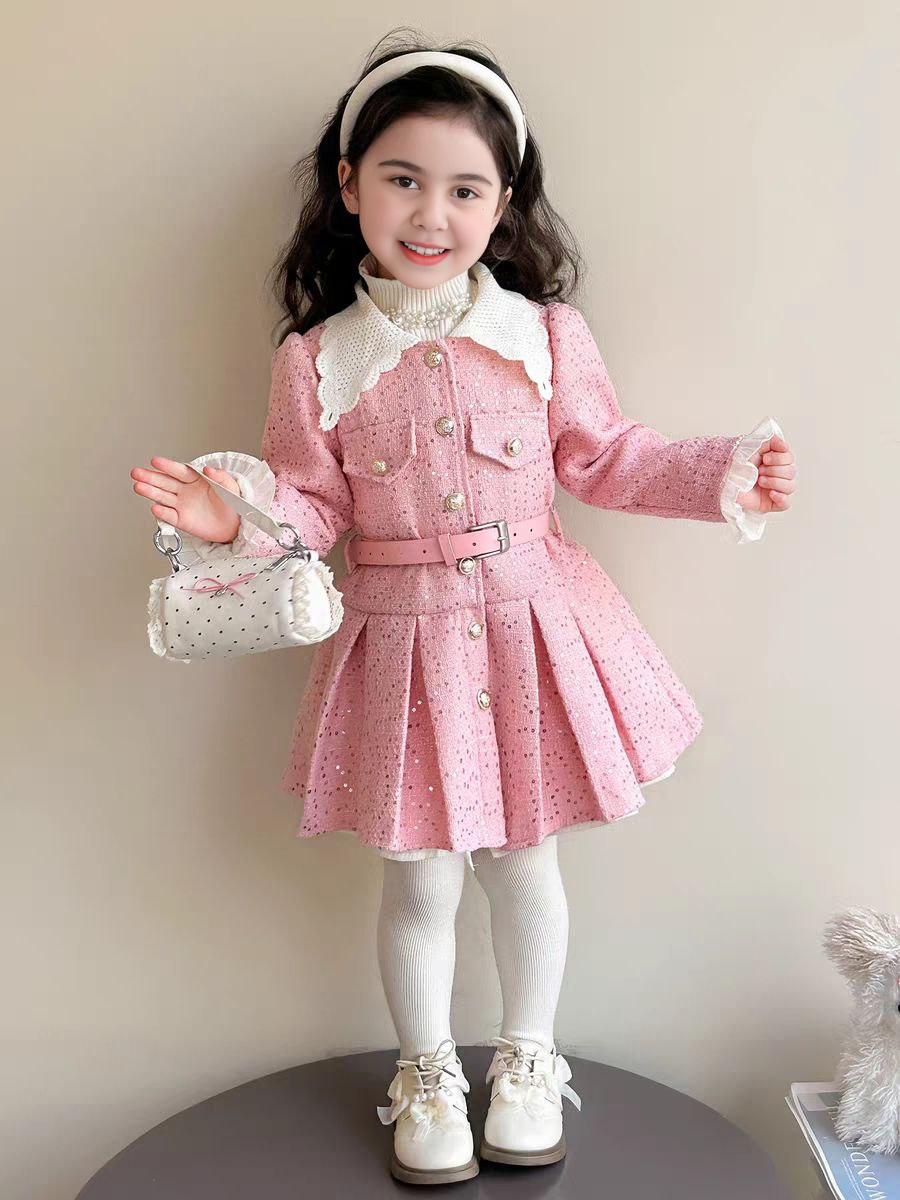 Vestido rosa elegante para niñas con cinturón, perfecto para el invierno.
