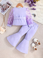 Conjunto infantil de 3 piezas en color lila claro: blusa de mangas transparentes y pantalón ancho 💜✨
