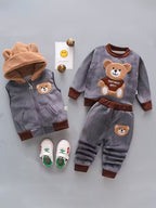 Conjunto infantil de 3 piezas con bordado de osito cálido para invierno