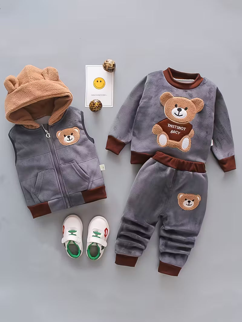Conjunto infantil de 3 piezas con bordado de osito cálido para invierno