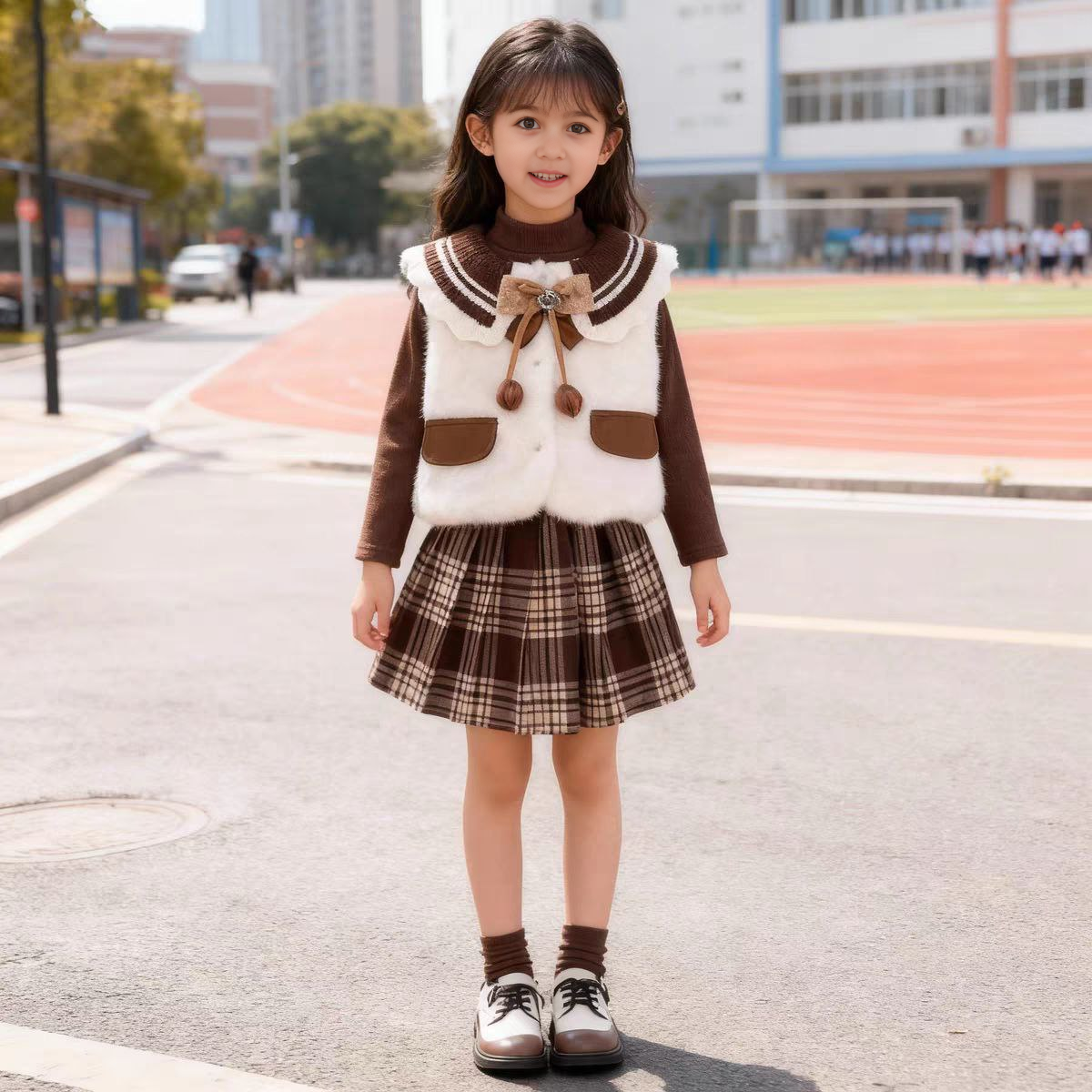 Conjunto clásico de 3 piezas: camiseta interior, chaleco de lana y falda a cuadros.