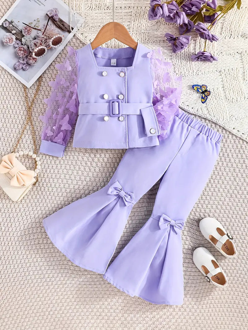 Conjunto infantil de 3 piezas en color lila claro: blusa de mangas transparentes y pantalón ancho 💜✨