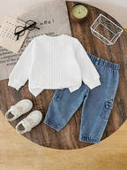 Conjunto de invierno elegante con mangas largas y vaqueros