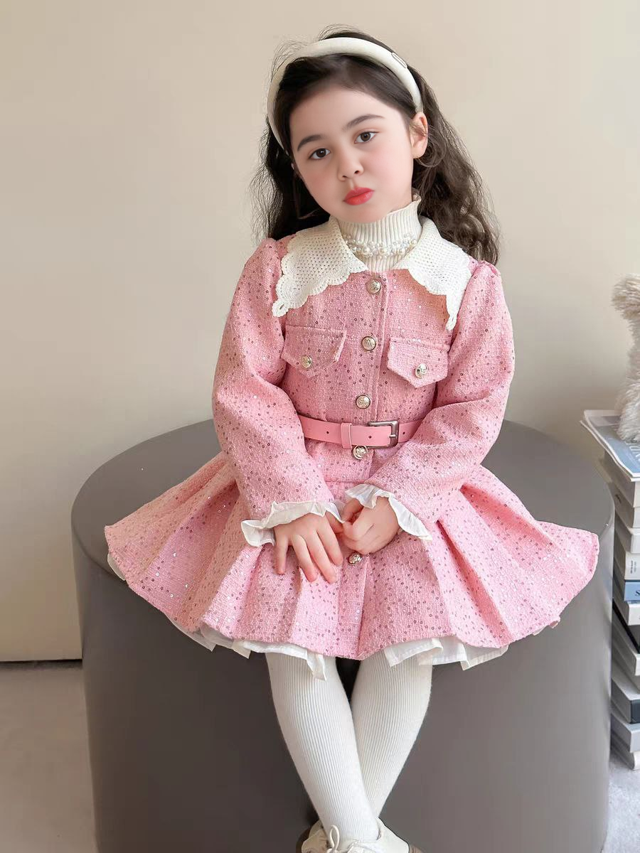 Vestido rosa elegante para niñas con cinturón, perfecto para el invierno.