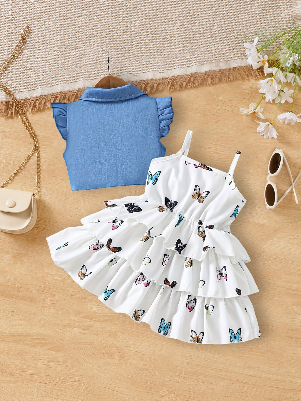 فستان بطبقة جينز وتنانير فراشات متعددة الطبقات تصميم صيفي للبنات