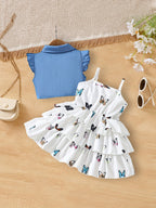 فستان بطبقة جينز وتنانير فراشات متعددة الطبقات تصميم صيفي للبنات