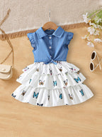 فستان بطبقة جينز وتنانير فراشات متعددة الطبقات تصميم صيفي للبنات