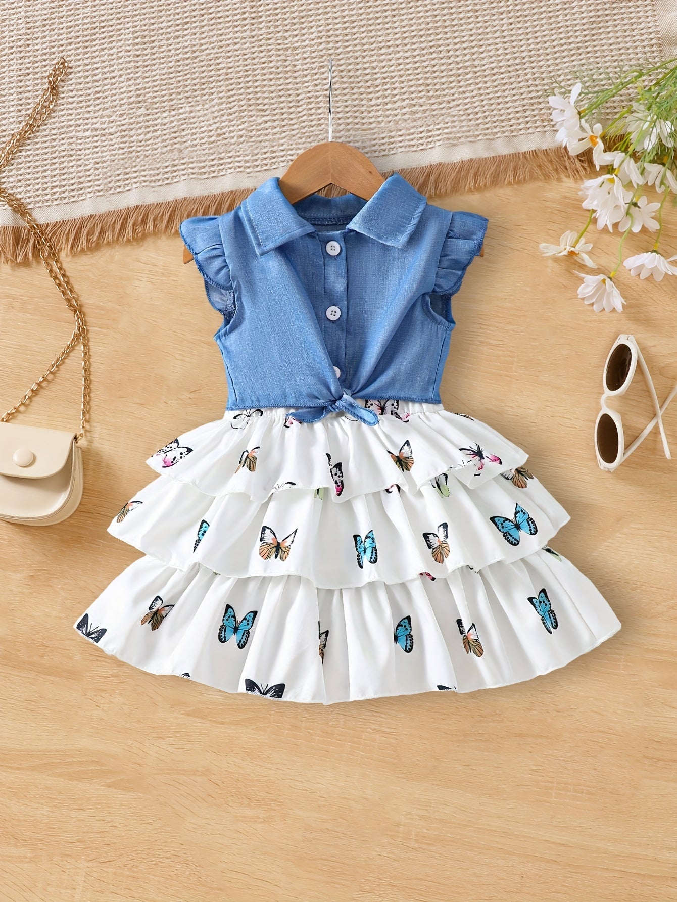 فستان بطبقة جينز وتنانير فراشات متعددة الطبقات تصميم صيفي للبنات