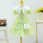 فستان  بزهور وياقة عريضة وحقيبة صغيرة  تصميم صيفي  للبنات