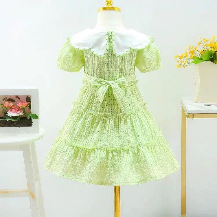 فستان  بزهور وياقة عريضة وحقيبة صغيرة  تصميم صيفي  للبنات