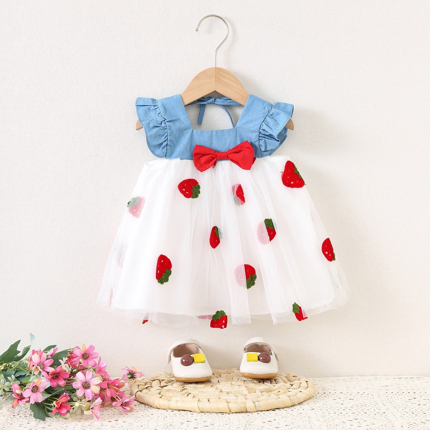 فستان من قطعتين بطبعة قلوب وشرائط ملونة صيفي للبنات