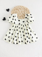 فستان من قطعتين بطبعة قلوب وشرائط ملونة صيفي للبنات