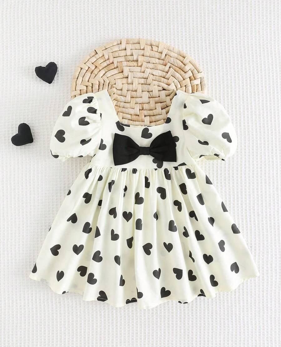 فستان من قطعتين بطبعة قلوب وشرائط ملونة صيفي للبنات