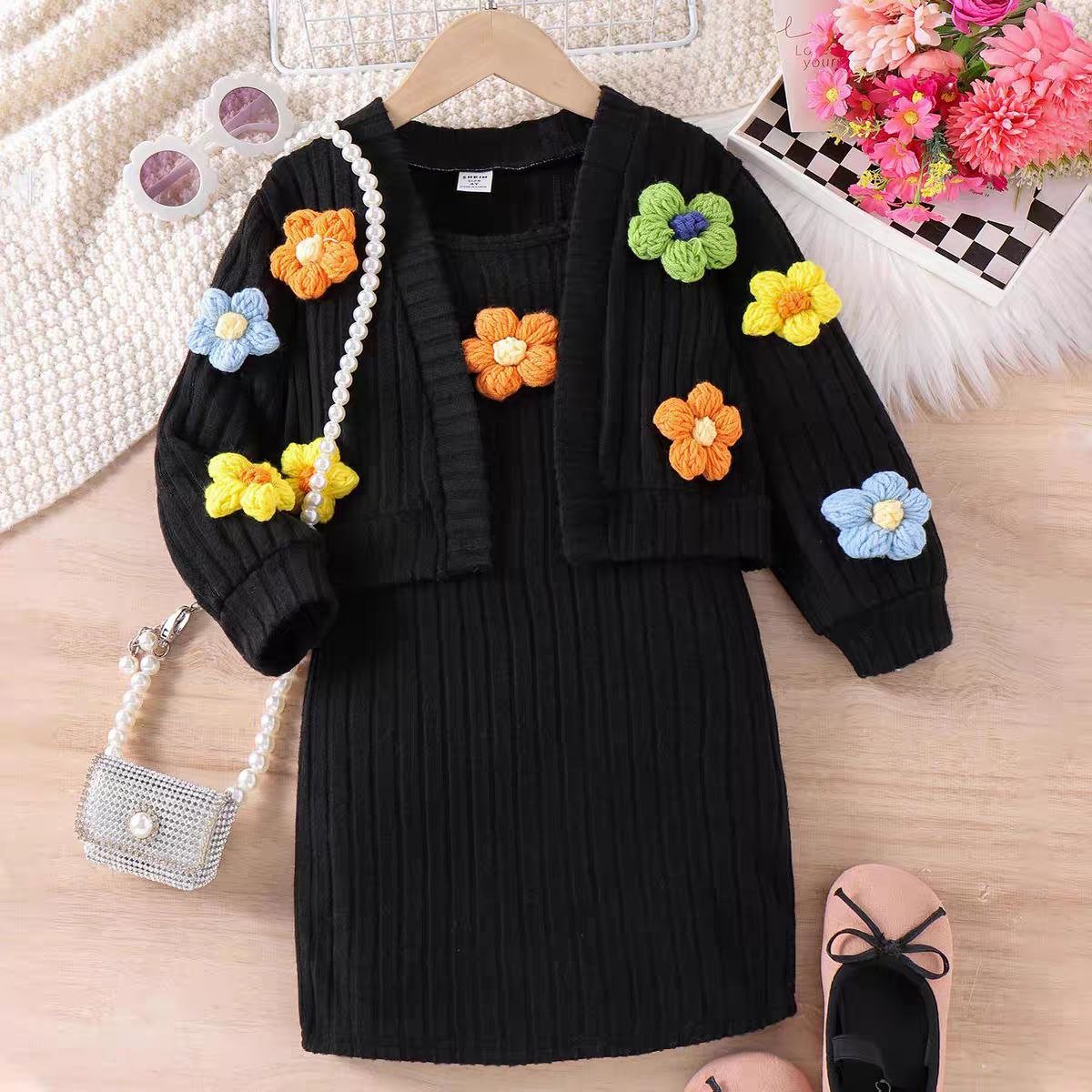 "Vestido de lana con chaqueta de flores en relieve, diseño de invierno para niñas"