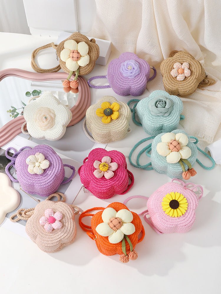 Bolso de una sola pieza para niñas: diseño de flor de crochet con flores de tela en relieve