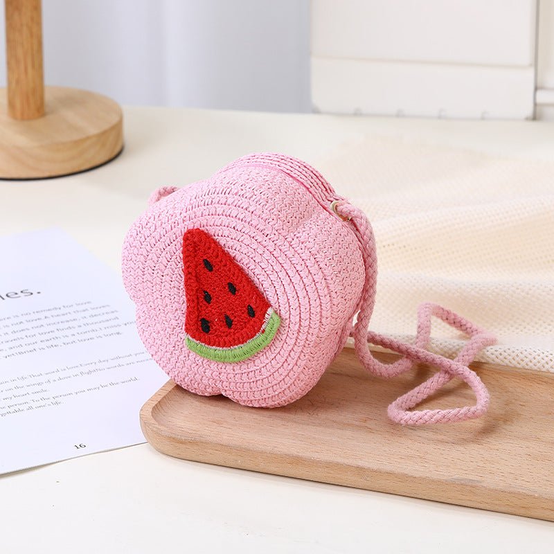 Bolso de mano con forma de flor, bordado con frutas, diseño de crochet colorido y asa de hombro veraniega para niñas