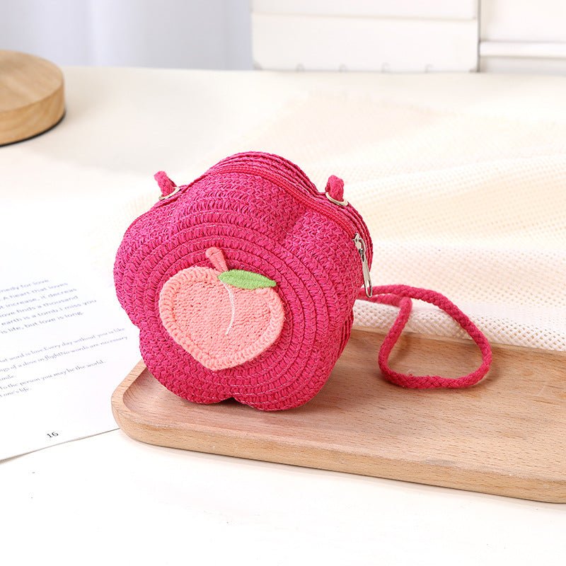 Bolso de mano con forma de flor, bordado con frutas, diseño de crochet colorido y asa de hombro veraniega para niñas