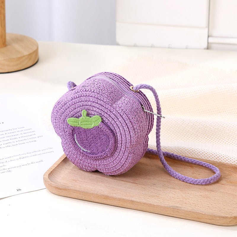 Bolso de mano con forma de flor, bordado con frutas, diseño de crochet colorido y asa de hombro veraniega para niñas