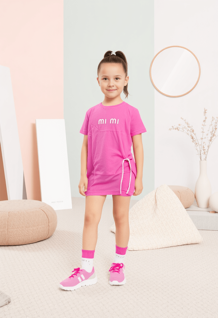 Camiseta veraniega para niñas, ligeramente larga, con adorno lateral con forma de vestido
