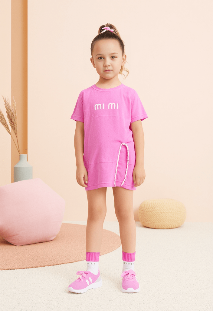 Camiseta veraniega para niñas, ligeramente larga, con adorno lateral con forma de vestido