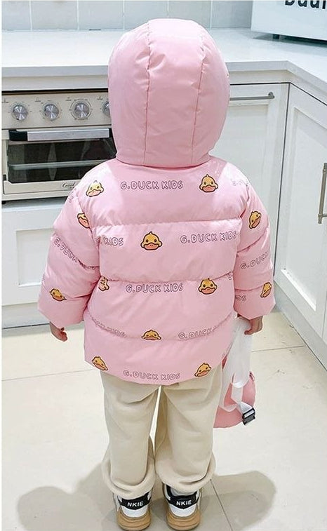 Chaqueta de invierno con capucha y estampado de patitos con diseño moderno