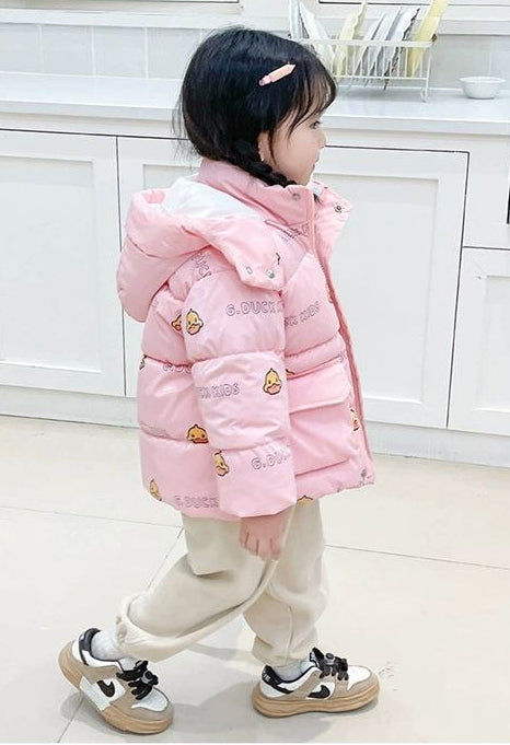 Chaqueta de invierno con capucha y estampado de patitos con diseño moderno