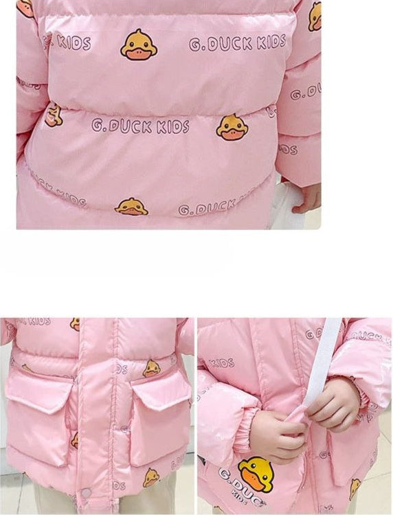 Chaqueta de invierno con capucha y estampado de patitos con diseño moderno