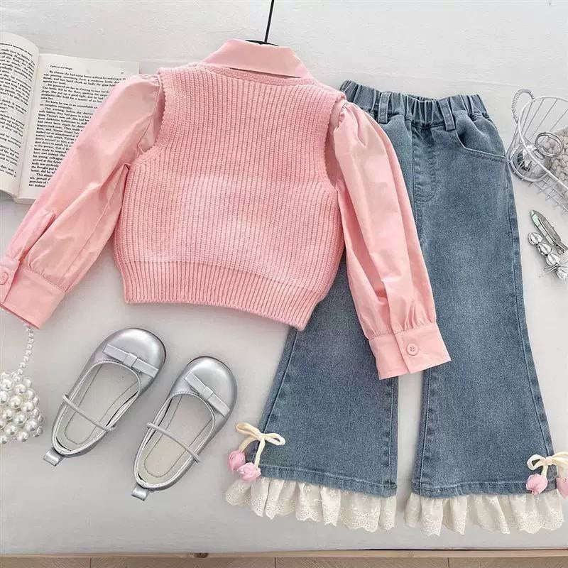 Conjunto de 3 piezas: Blusa, chaleco de punto sin mangas y pantalón vaquero