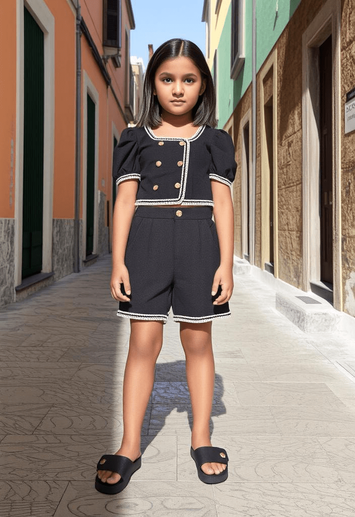 طقم بتطريز لؤلؤ وزر ذهبي تصميم صيفي أنيق  للبنات