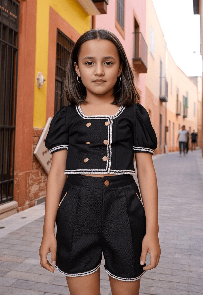 طقم بتطريز لؤلؤ وزر ذهبي تصميم صيفي أنيق  للبنات