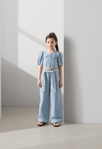 طقم  جينز بكم منتفخ وسروال واسع  تصميم صيفي  للبنات