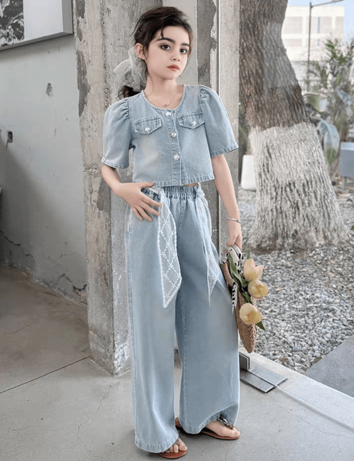 طقم  جينز بكم منتفخ وسروال واسع  تصميم صيفي  للبنات