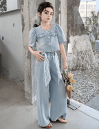 طقم  جينز بكم منتفخ وسروال واسع  تصميم صيفي  للبنات