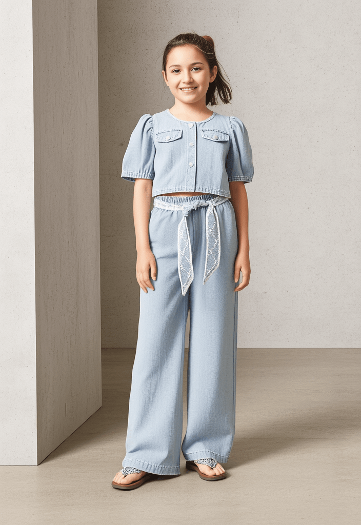 طقم  جينز بكم منتفخ وسروال واسع  تصميم صيفي  للبنات