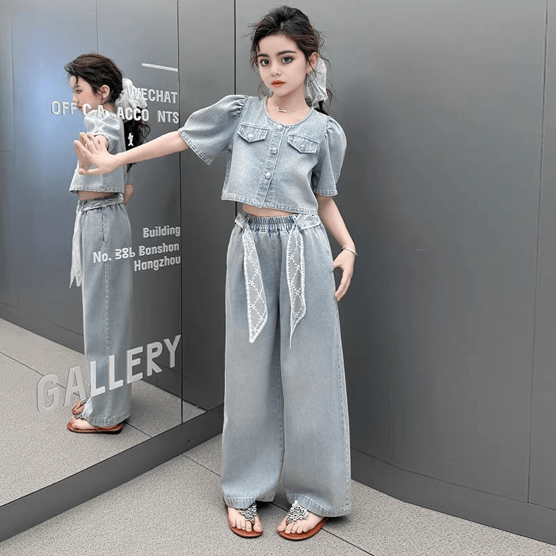 طقم  جينز بكم منتفخ وسروال واسع  تصميم صيفي  للبنات