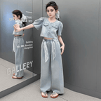 طقم  جينز بكم منتفخ وسروال واسع  تصميم صيفي  للبنات