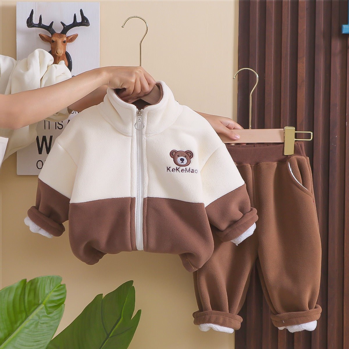 Conjunto de 2 piezas con bordado de osito, cálido de invierno para niños