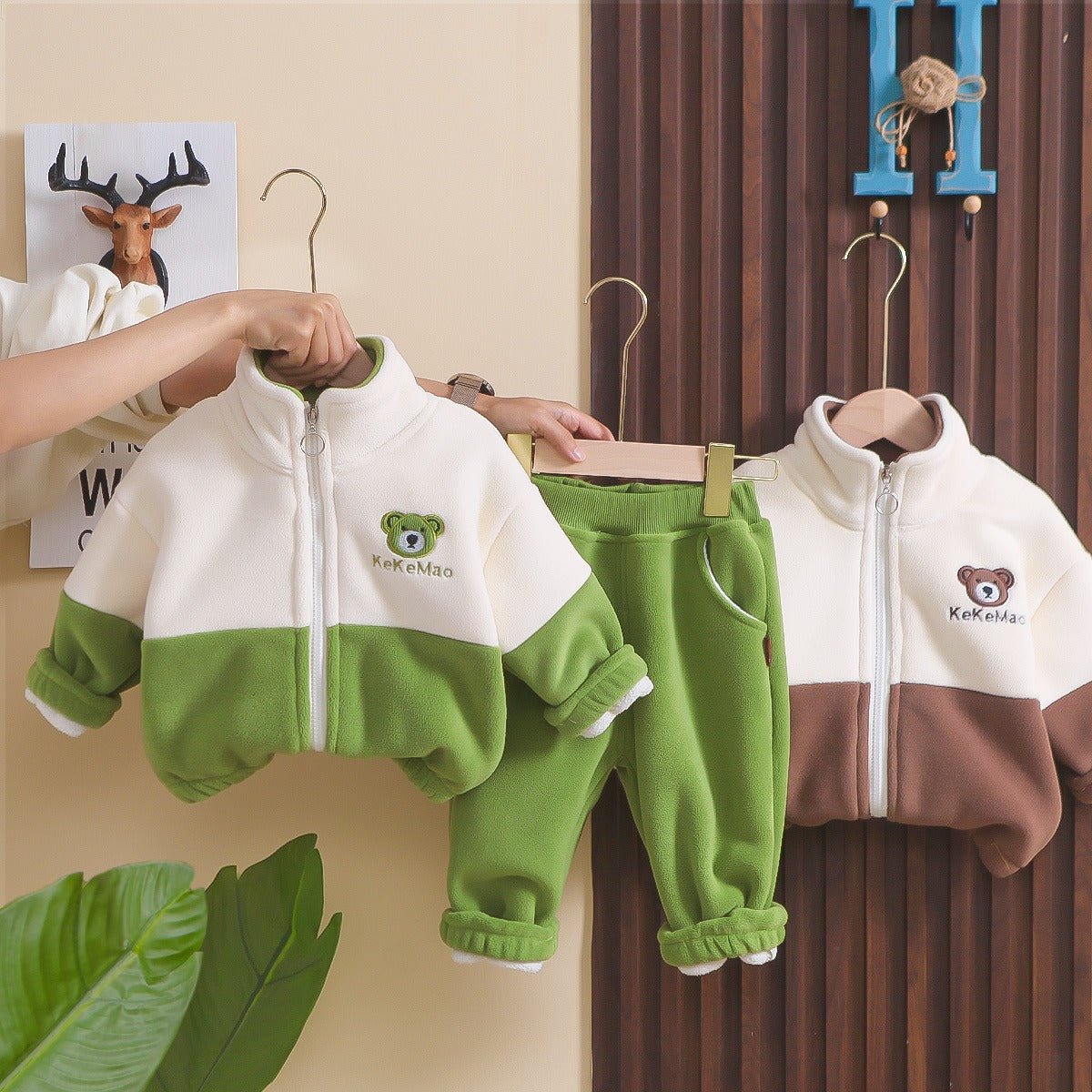 Conjunto de 2 piezas con bordado de osito, cálido de invierno para niños