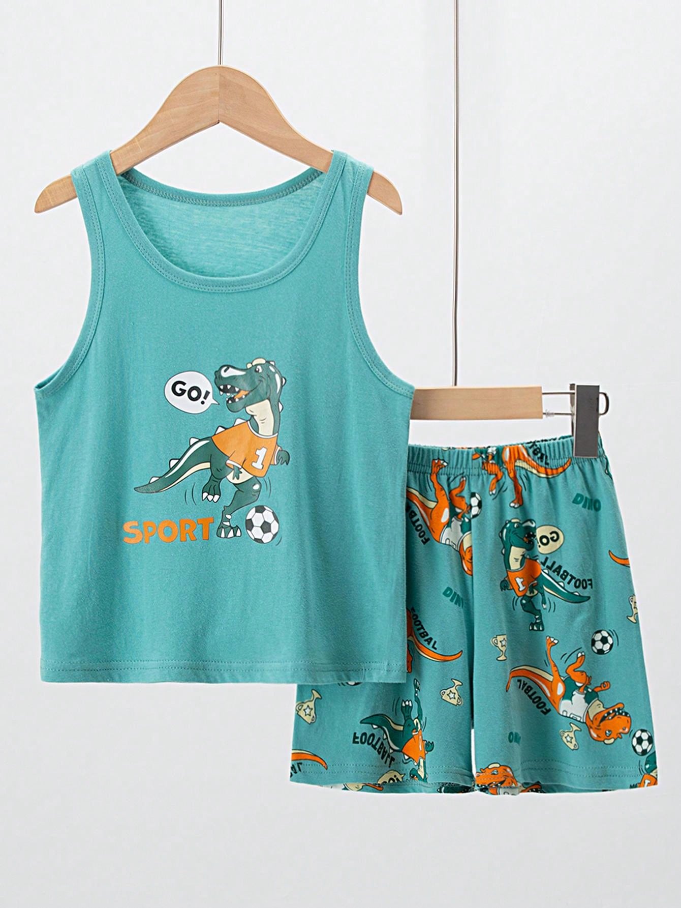 Conjunto de verano de dos piezas para niños, sin mangas, con estampado de dinosaurio