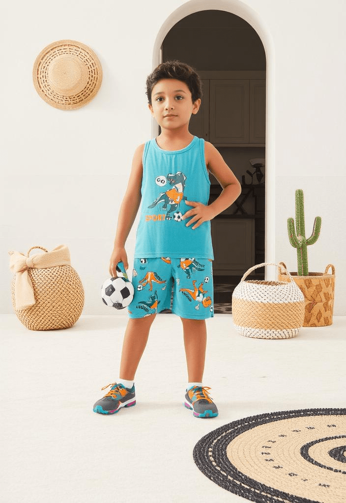 Conjunto de verano de dos piezas para niños, sin mangas, con estampado de dinosaurio