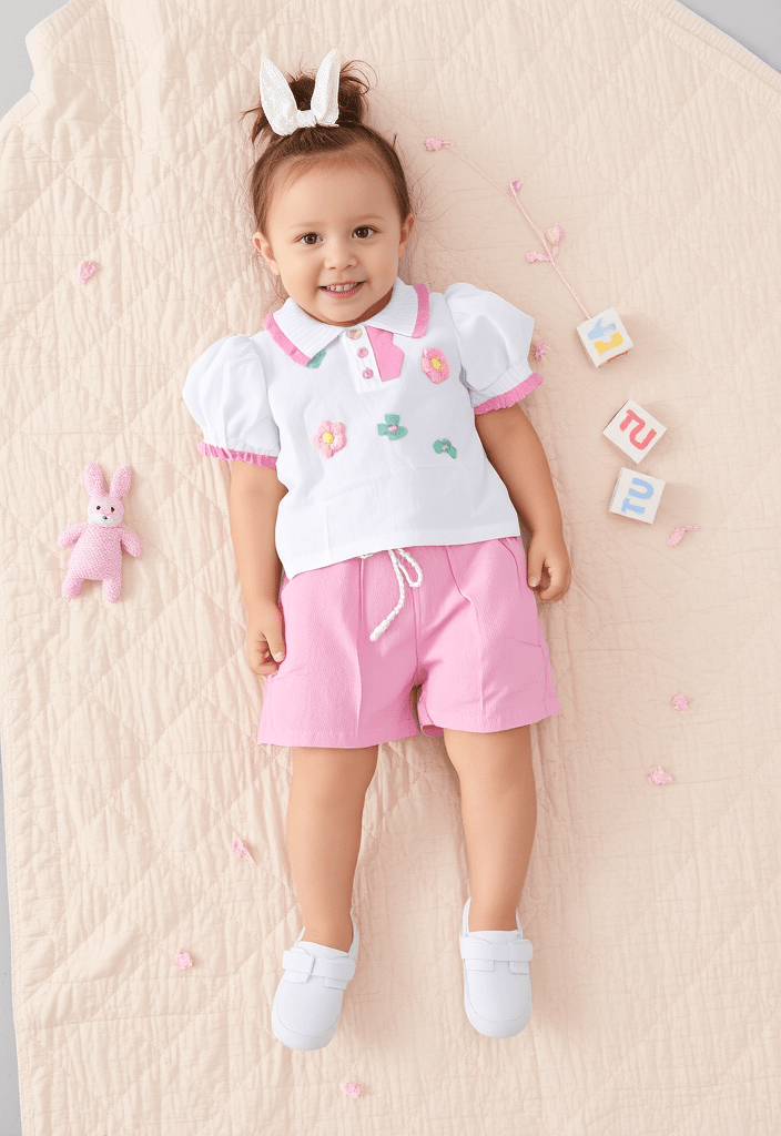 طقم من قطعتين بتصميم مزين بالورود وخرز لؤلؤي صيفي للبنات