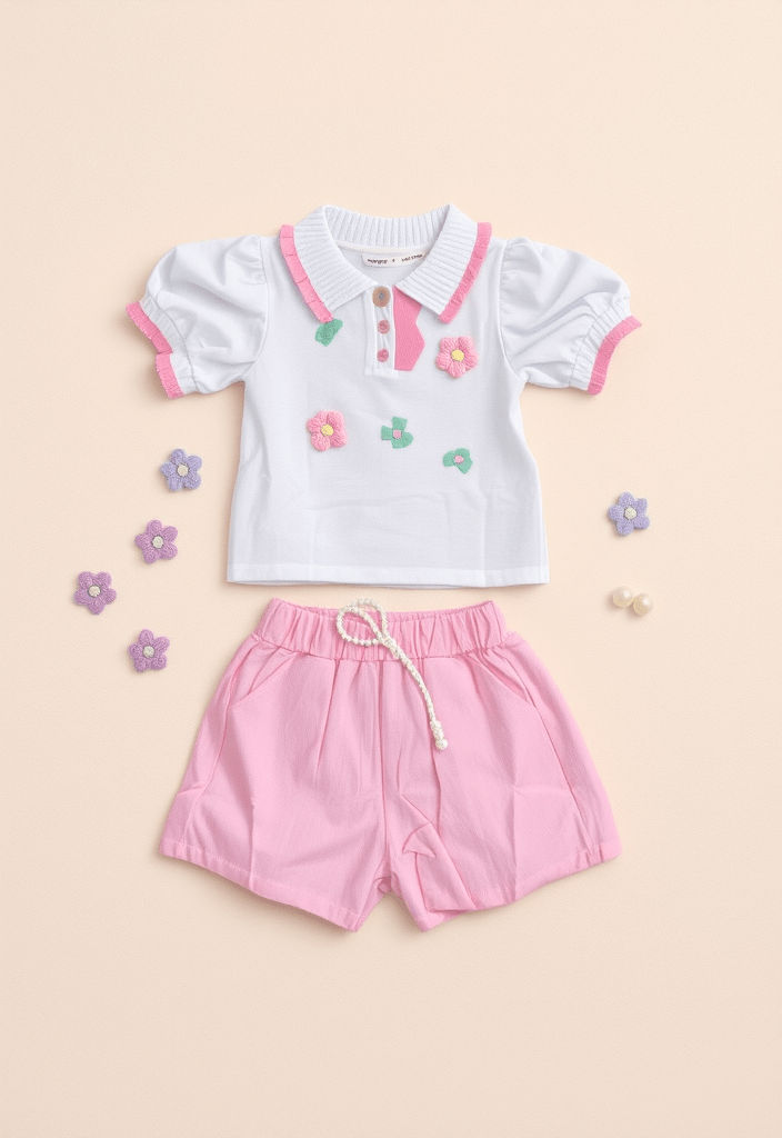 طقم من قطعتين بتصميم مزين بالورود وخرز لؤلؤي صيفي للبنات